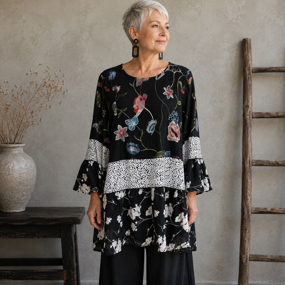 Calessa Black Floral Mixed Print Pop Over Top XL